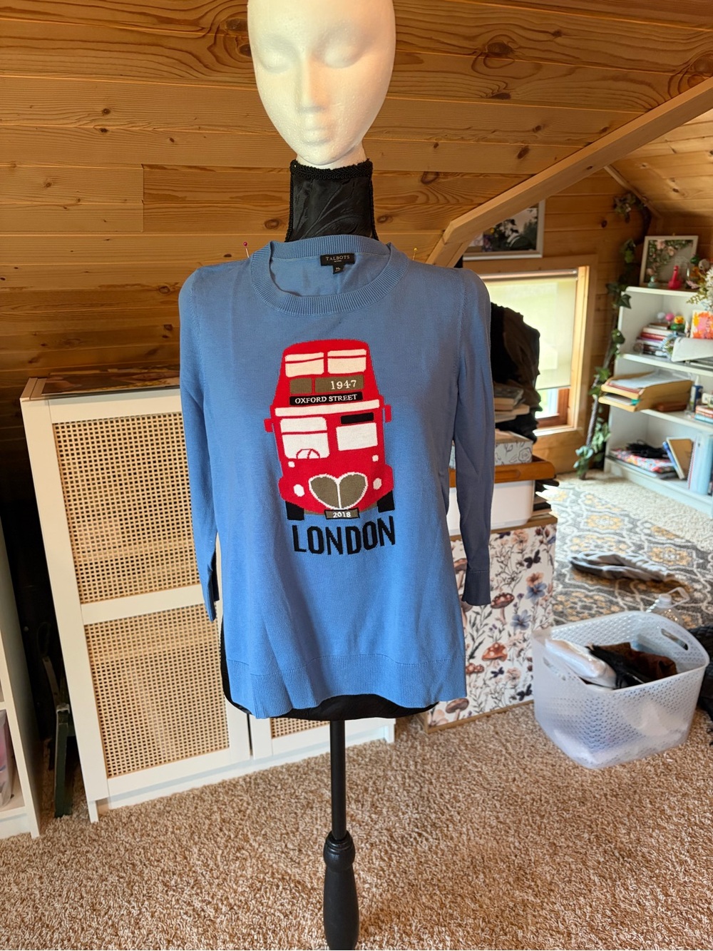 Talbots Blue Crewneck Sweater with Red London Bus Graphic